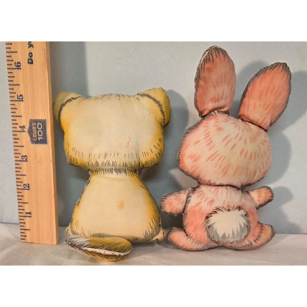 Vintage Printed Stuffed Bunny and Kitty Pillow Dolls Set of 2 - Picture 2 of 2